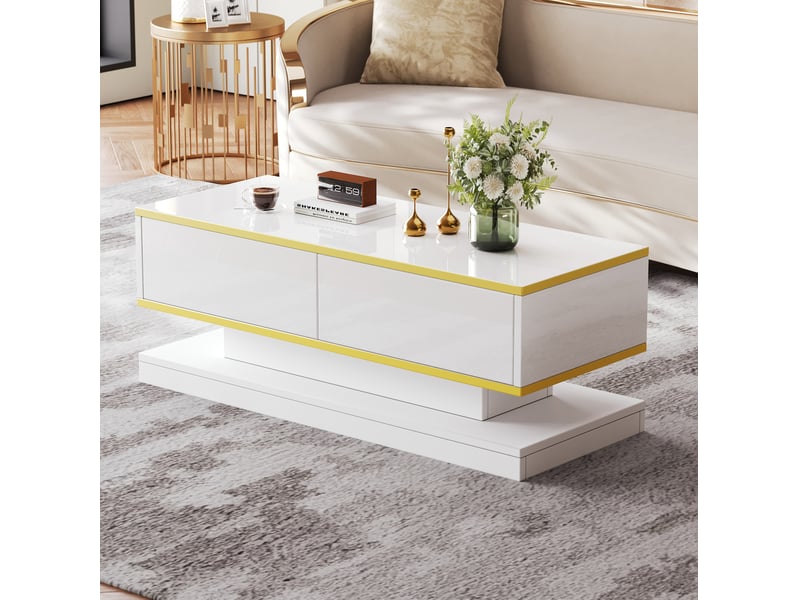  Table basse 100x50x38 cm 2 tiroirs xl ouverture pression forme unique laqué panneau particules blanc chaud doré  - Conforama E
