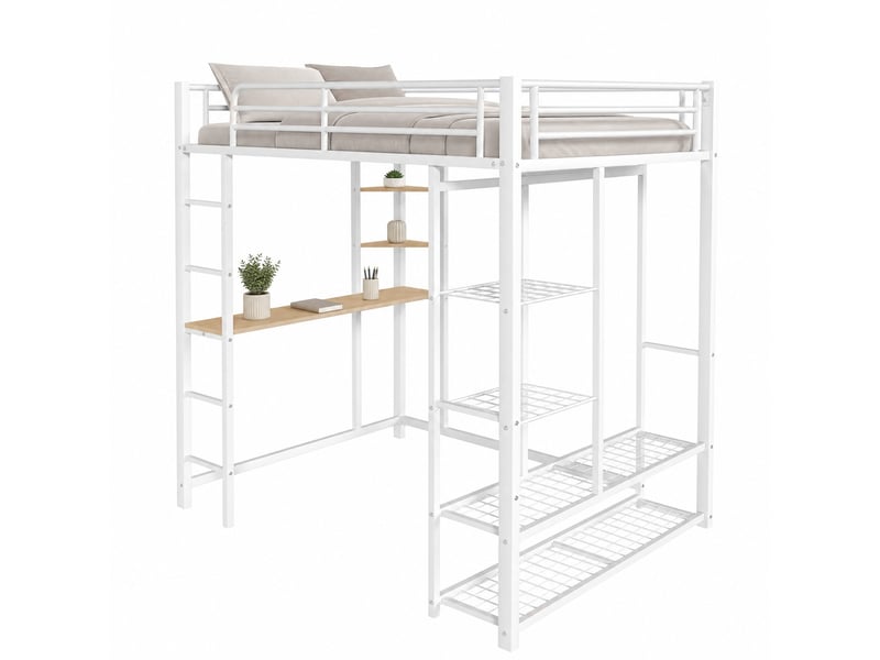 Lit mezzanine en métal 140x200 cm avec bureau, penderie et rangements, blanc - Conforama A