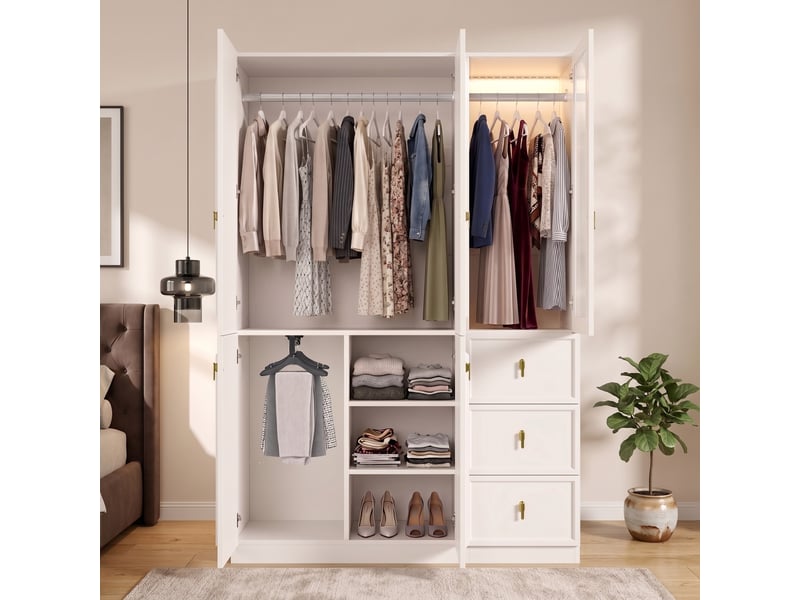 Armoire blanche 5 portes avec éclairage led 135x200 cm - 3 tiroirs penderie moderne - Conforama W