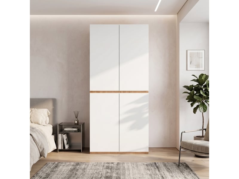  Armoire de rangement 4 portes blanche et bois clair 90 × 50 × 200 cm avec penderie et tiroir à bijoux  - Conforama E