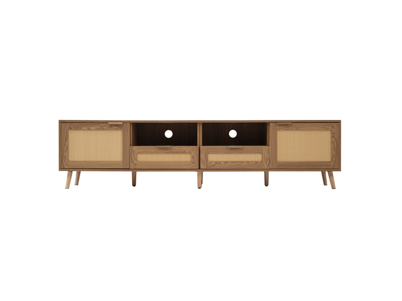  Meuble tv 200x37x49 cm en rotin synthétique, pieds bois massif, panneau tv, design naturel  - Conforama A