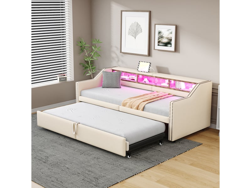 Lit banquette simple 90×200 et 180×200 cm, extensible, led et usb - 2 matelas inclus, tissu beige - Conforama C