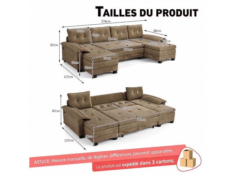 Canapé panoramique en u convertible 278 cm en tissu chenille kaki, lit gigogne, port... IKSETERA TRADING LTD - Conforama C