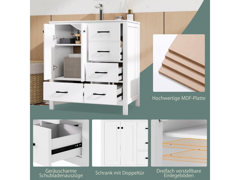  Meuble sous-vasque avec vasque céramique 4 tiroirs 2 portes blanc 76x46,3x82,3 cm NK000021AAK - Conforama D