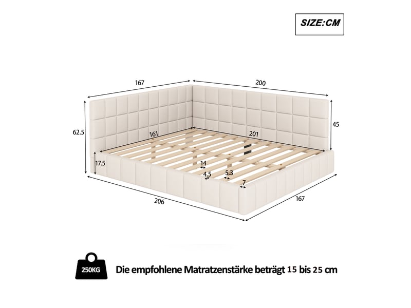  Lit banquette 160x200 cm multifonction en velours beige, dossier rembourré et sommier à lattes  - Conforama C