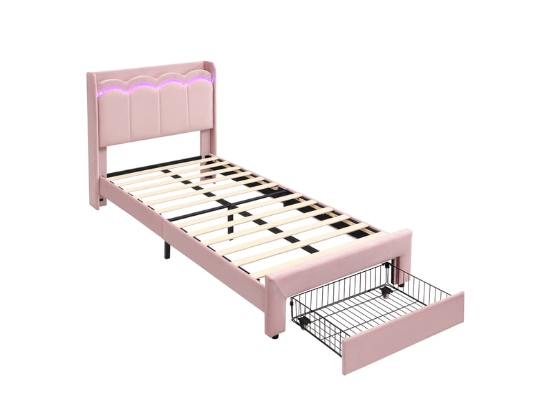  Lit enfant 90x200 cm avec tiroir, led contrôlée par application, velours rose, sans matelas  - Conforama E