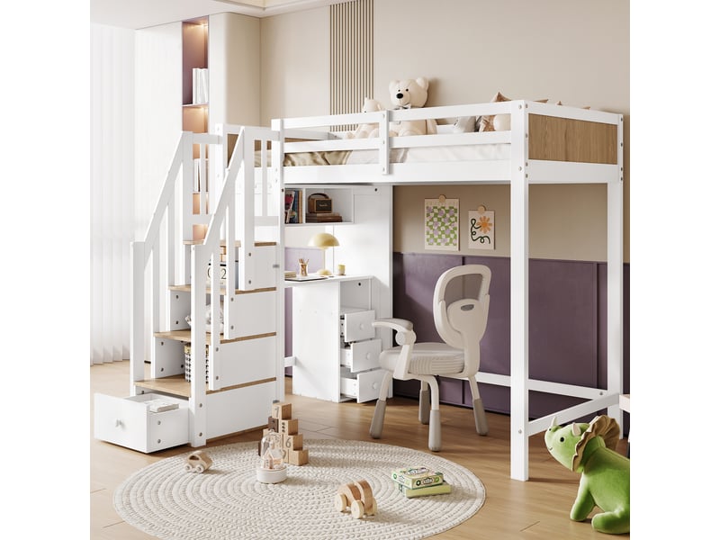  Lit mezzanine enfant 90x200 cm en bois avec bureau intégré, escalier avec rangement, 3 tiroirs et étagère ouverte - blanc et naturel  - Conforama B