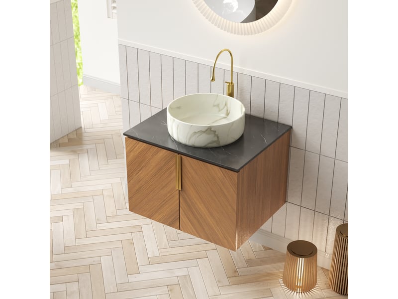  Meuble sous lavabo suspendu 2 portes à fermeture douce - lpospi - rangement, pierre frittée et céramique, noir et chêne brun  - Conforama C