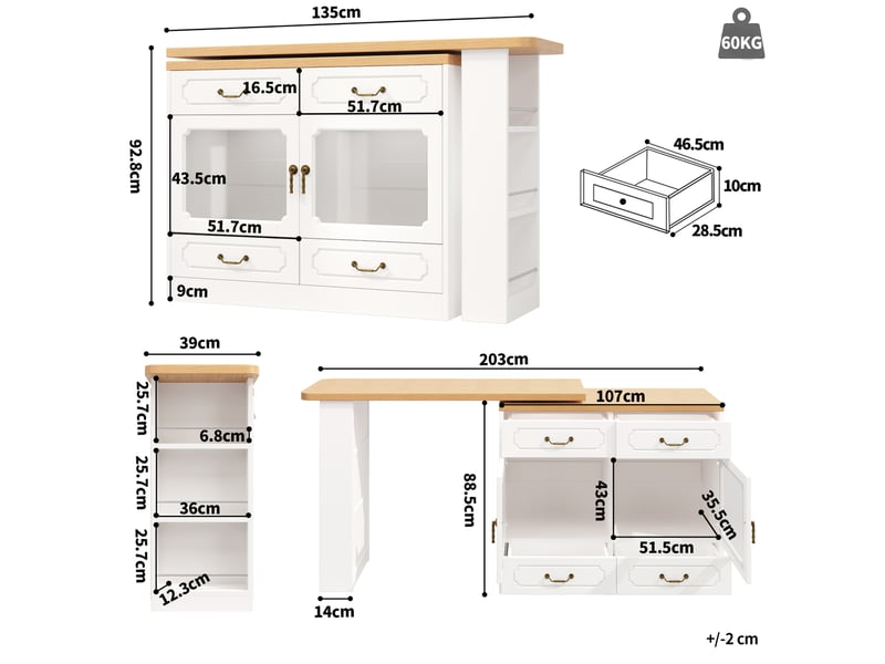  Table bar extensible pivotante 360° 135-203 x 39 x 92,8 cm, blanc et naturel  - Conforama C