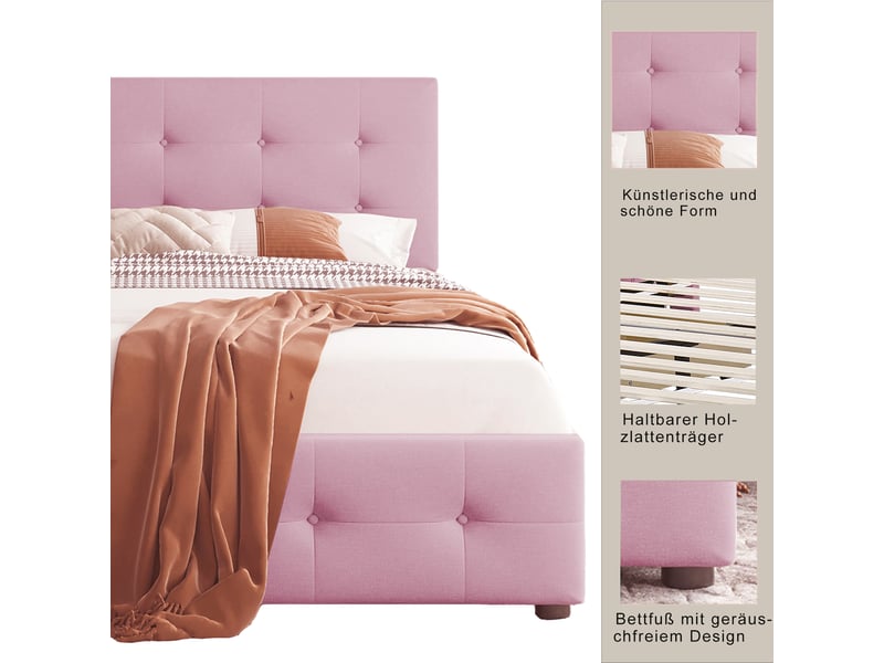  Lit enfant 90x200 cm avec 2 tiroirs, tête de lit réglable et sommier, velours, rose, sans matelas  - Conforama E