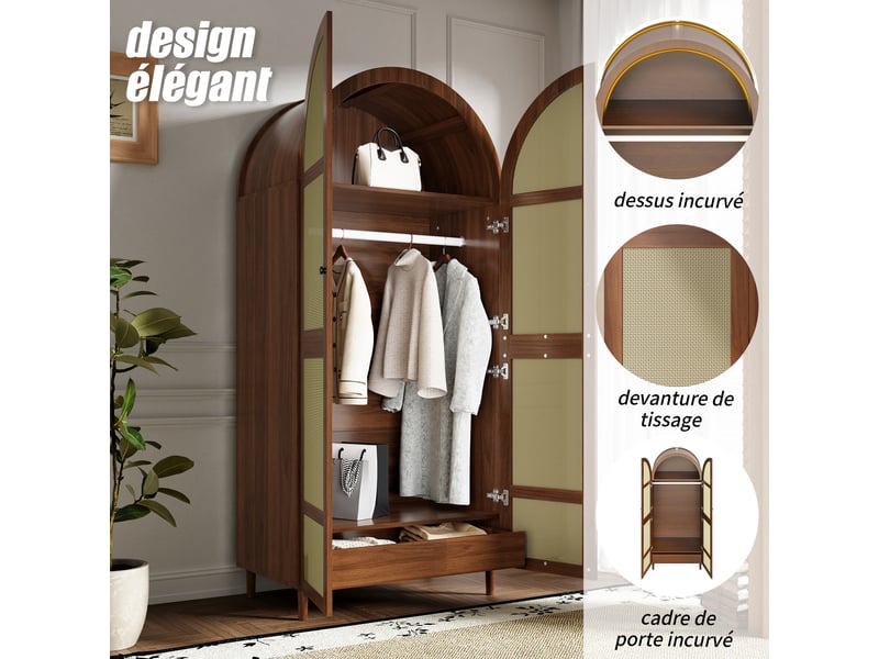  Armoire 80x50x179 cm avec penderie, portes en rotin, tiroir et rangement intérieur, design arrondi en mdf noyer OMNIGLINT TRADING LTD - Conforama D