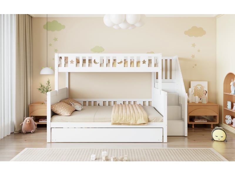  Modenvie lit superposé enfant 90x200140x200 cm - escalier de rangement, lit gigogne, sans matelas - blanc  - Conforama E