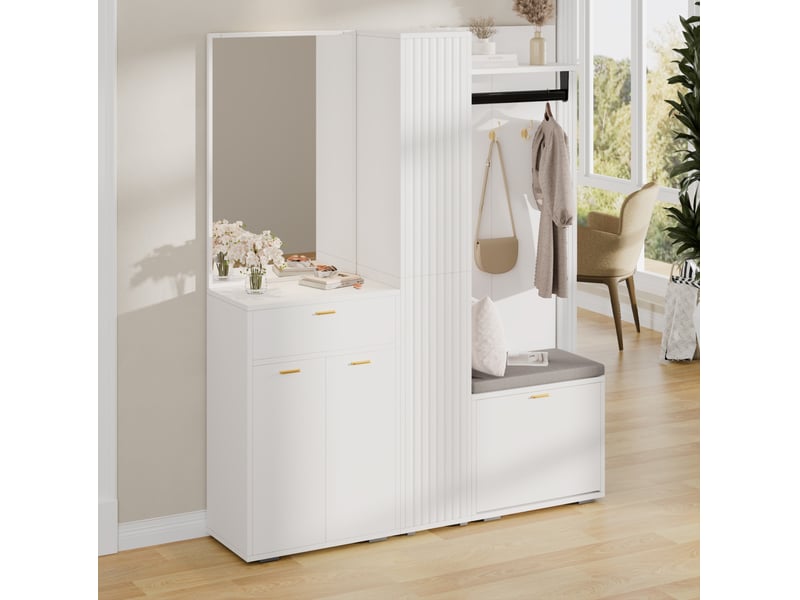  Meubles d'entrée avec miroir, penderie, 3 portes, tiroir, meuble à chaussures et banc blanc 150 × 36 × 180 cm  - Conforama D