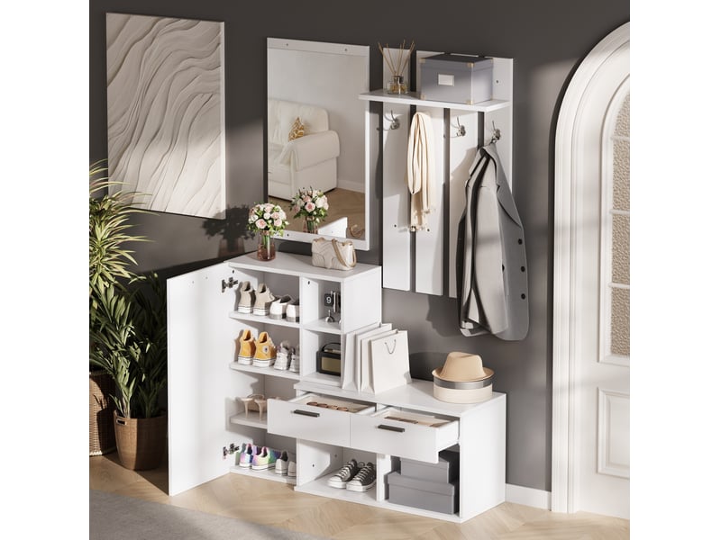  Meuble d'entrée avec miroir, 1 porte, 2 tiroirs, 10 niches et 4 crochets pour hall, blanc, 120 × 35 × 175,5 cm  - Conforama B