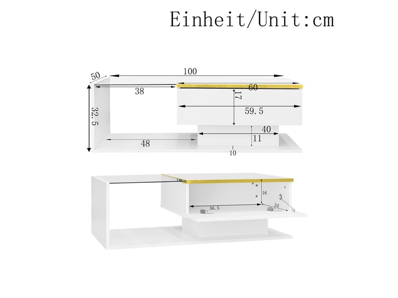  Table basse design 100x50x32,5 cm led 16 couleurs contrôlable rangement verre trempé laqué panneau de particules blanc  - Conforama C