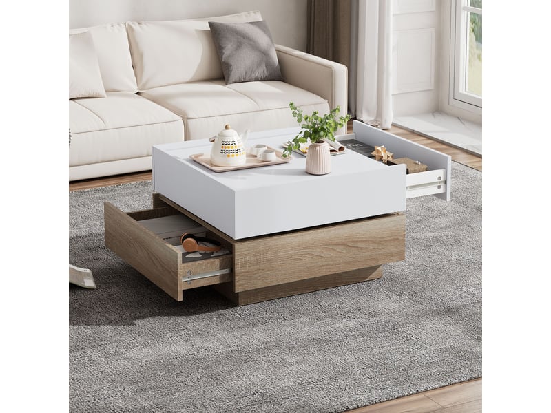  Table basse pivotante 360 carrée 60x60cm, table de salon avec 2 tiroirs, blanc et noyer  - Conforama R