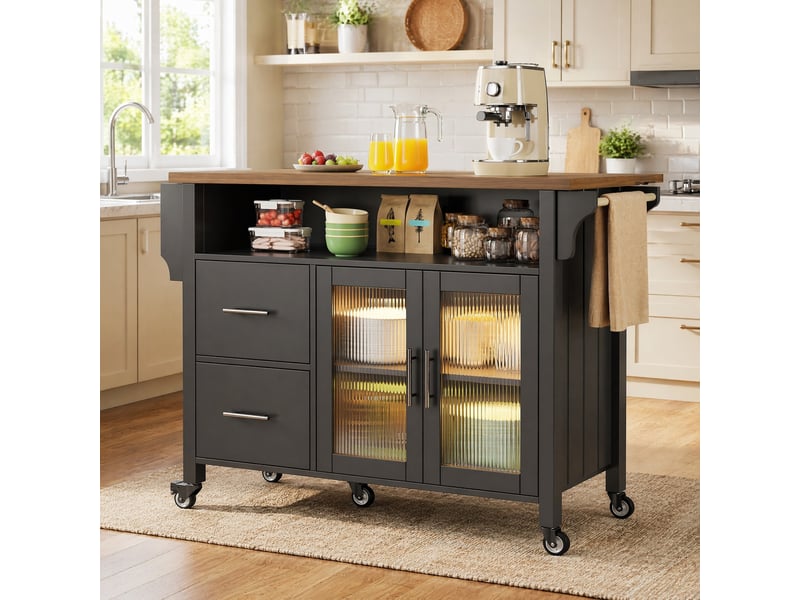  Desserte de cuisine noire en mdf 139 cm, plateau rabattable, led et roulettes  - Conforama B
