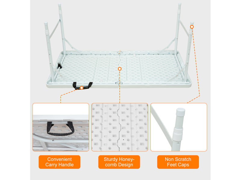 Table pliante ulevr 125 x 61 cm, hauteur réglable 58 à 74 cm, avec poignée de transport, plateau en plastique blanc et pieds en acier - Conforama C