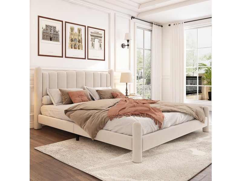 Lit adulte 180x200 cm en velours beige avec tête de lit et sommier à lattes  - Conforama D
