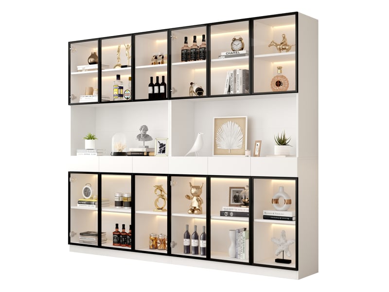  Vitrine haute led 36x240x200 cm blanche avec portes en verre et cadre noir  - Conforama A