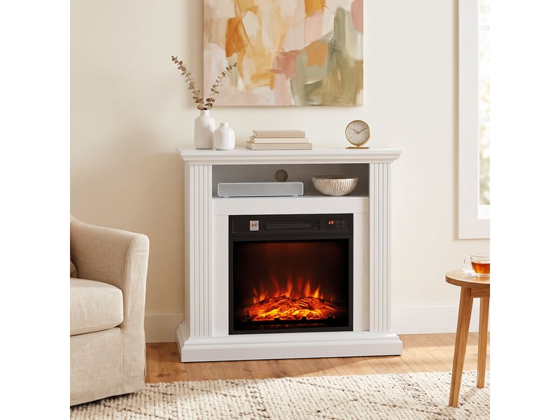  Cheminée électrique 1800 w, manteau effet bois blanc, flamme 3d, thermostat, jusqu’à 30 m²  - Conforama D
