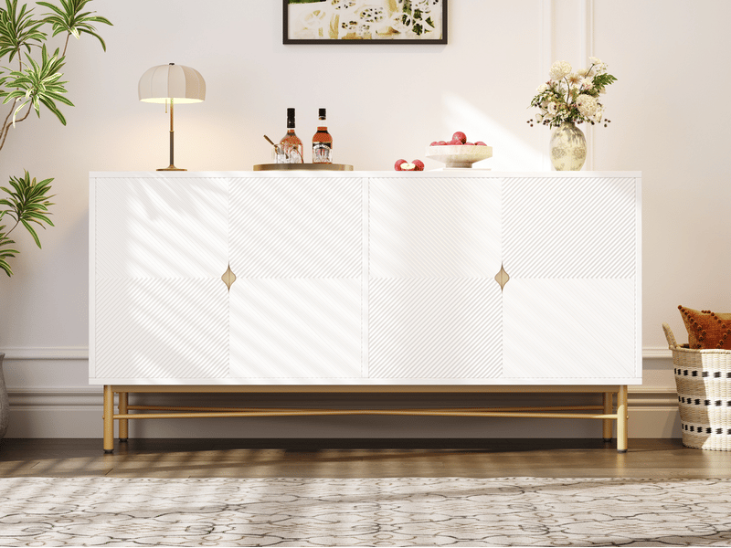 Buffet, 160 × 40 × 82 cm, armoire de cuisine avec quatre portes, poignées dorées brossées et pieds brillants, blanc - Conforama B