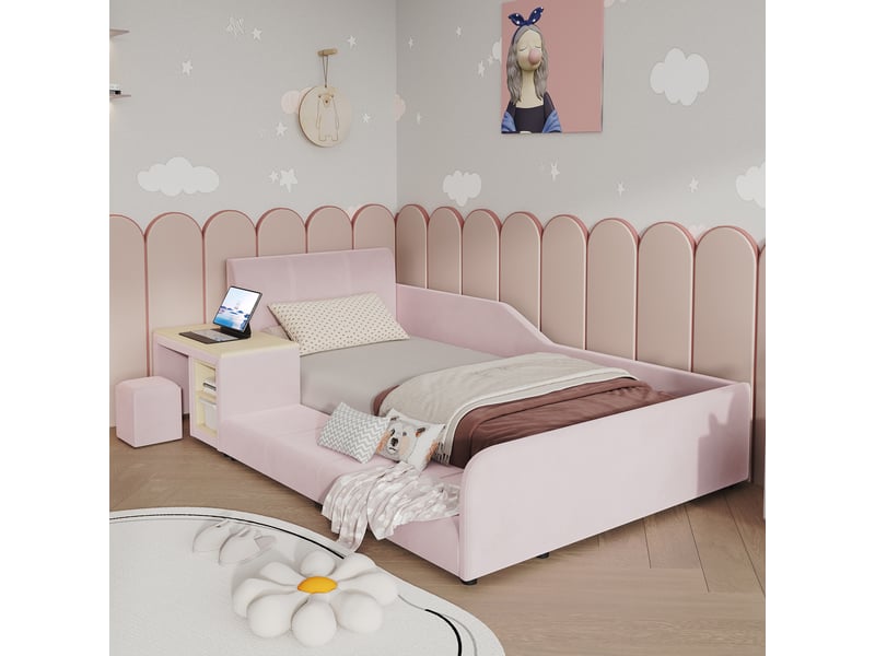  Lit simple 90x200 cm, lit enfant, sommier à lattes, bureau, étagères, tête de lit rembourrée, velours rose  - Conforama C