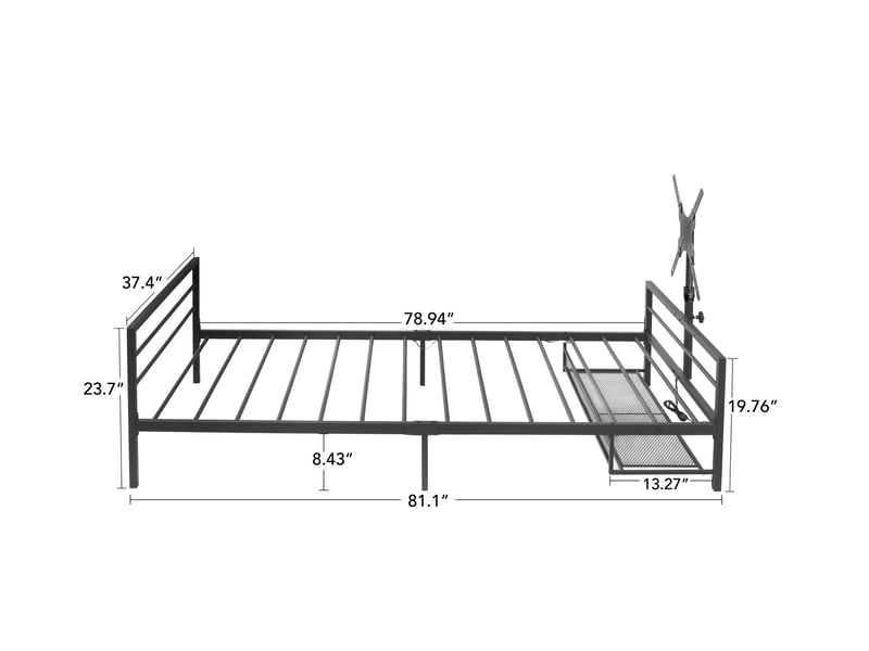  Lit 1 place, 90x200 cm, support écran orientable avec led intégrée, espace nuit, style moderne, métal, coloris noire  - Conforama C