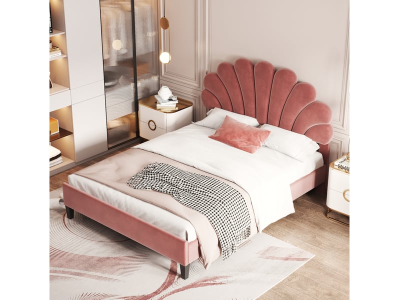  Lit double 140 x 200 cm en velours avec tête de lit fleurie et sommier à lattes, rouge  - Conforama B