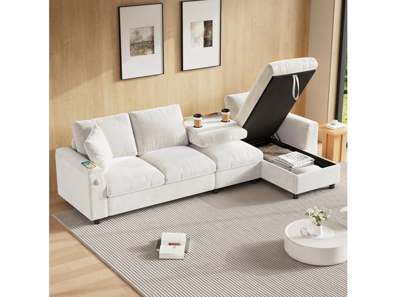  Canapé d'angle convertible modenvie 4 places réversible 280 x 137 cm en chenille beige avec rangement usb et type-c  - Conforama E