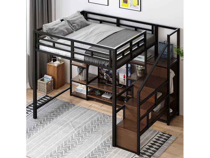  Lit mezzanine 140x200 cm avec support tv, prise et échelle de rangement noir  - Conforama E