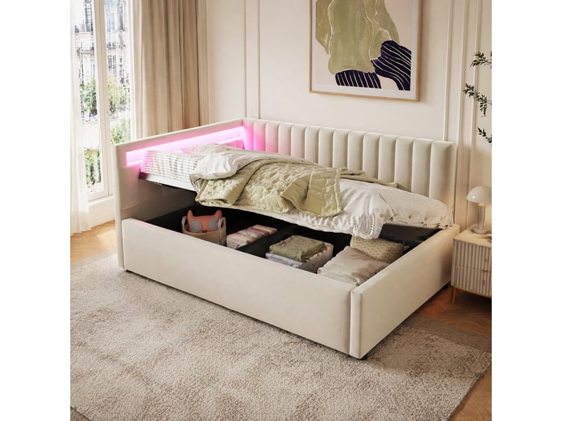  Lit banquette en velours, lit simple avec coffre hydraulique, led et dossier réversible, 200×90 cm, sans matelas  - Conforama C