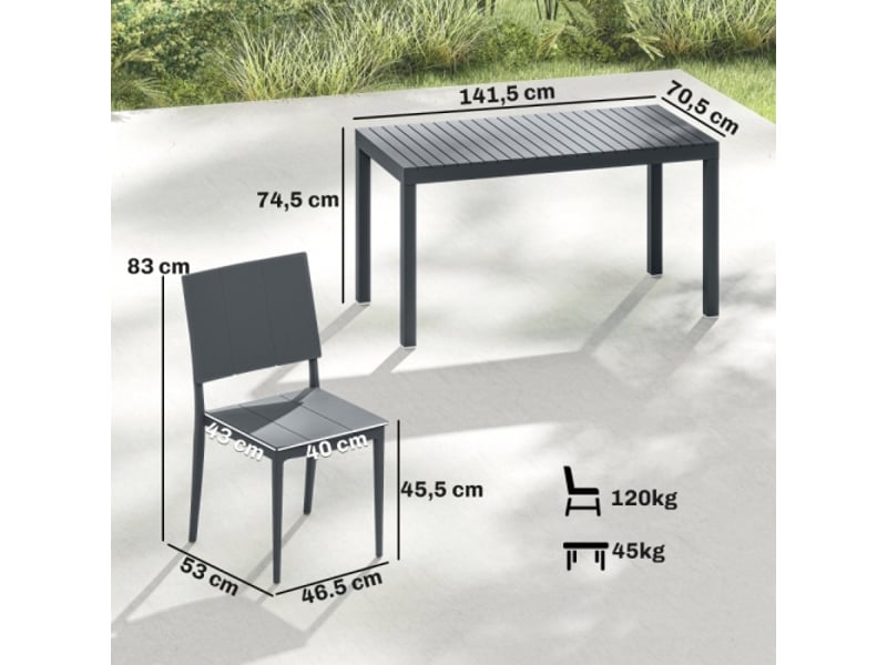 Salon de jardin 5 pièces, table large et 4 chaises empilables, design lattes, 4 personnes, gris foncé - Conforama C