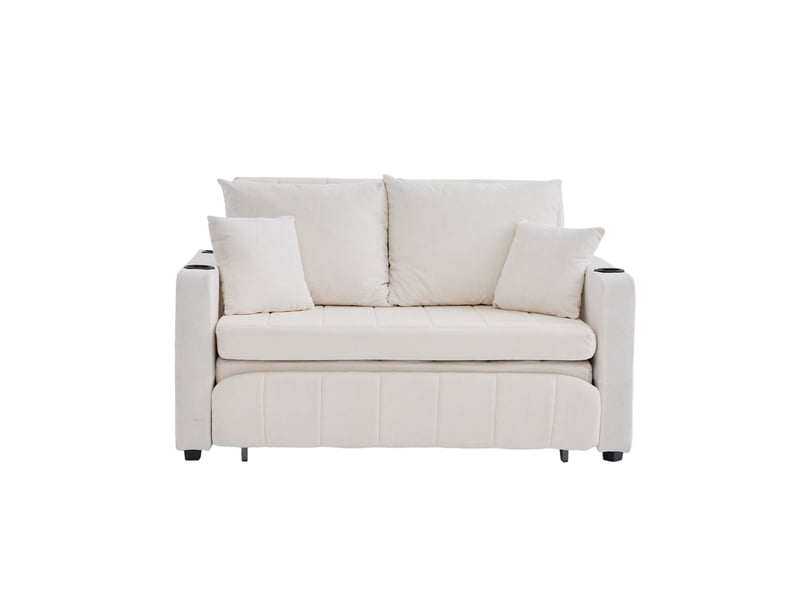 Canapé convertible 2 places en tissu beige avec usb, porte-gobelets et rangement, idéal pour petits espaces - Conforama A