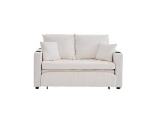 Canapé convertible 2 places en tissu beige avec usb, porte-gobelets et rangement, idéal pour petits espaces
