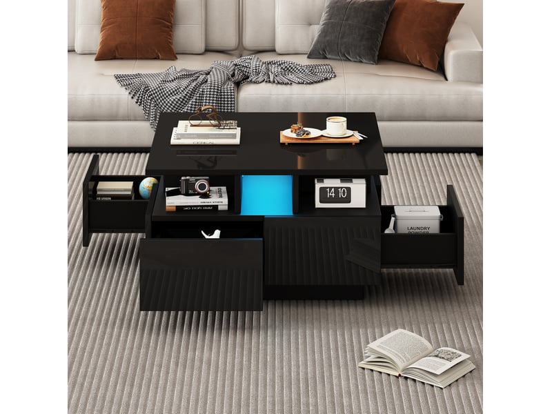  Table basse led 70x70x40 cm noire brillante avec 4 tiroirs  - Conforama D