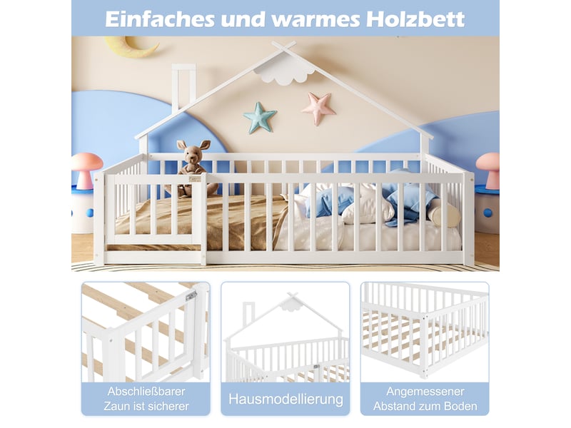  Lit enfant 140x190 cm, forme de maison, garde-corps, sommier, pin blanc, sans matelas  - Conforama D