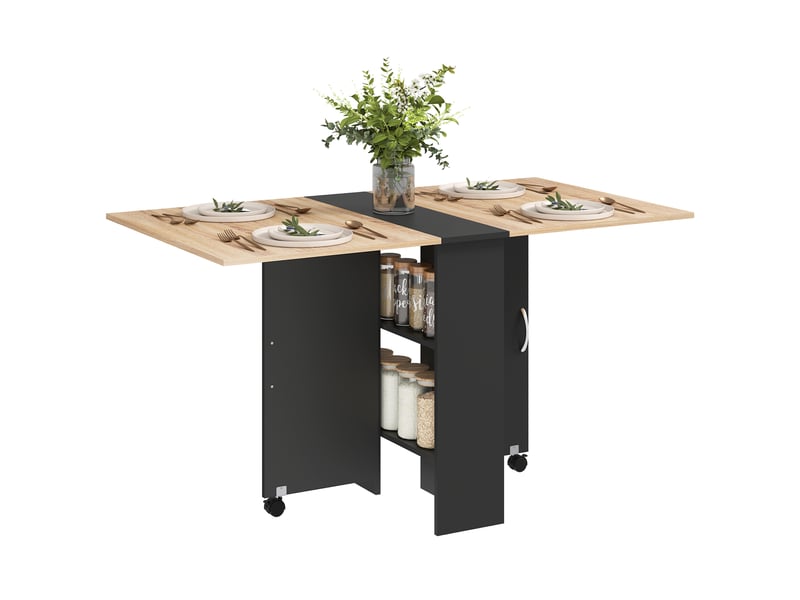 Table pliante mobile 2 étagères intégrées noir aspect chêne clair - Conforama A