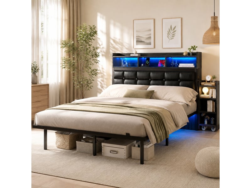  Lit double 140 x 190 cm avec sommier à lattes, led et recharge usbusb-c gris  - Conforama D