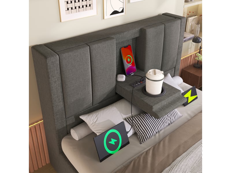  Lit coffre simple 90x200 cm, avec port usb-c, style moderne, porte-gobelet, rangements intégrés, lin gris, sans matelas  - Conforama E