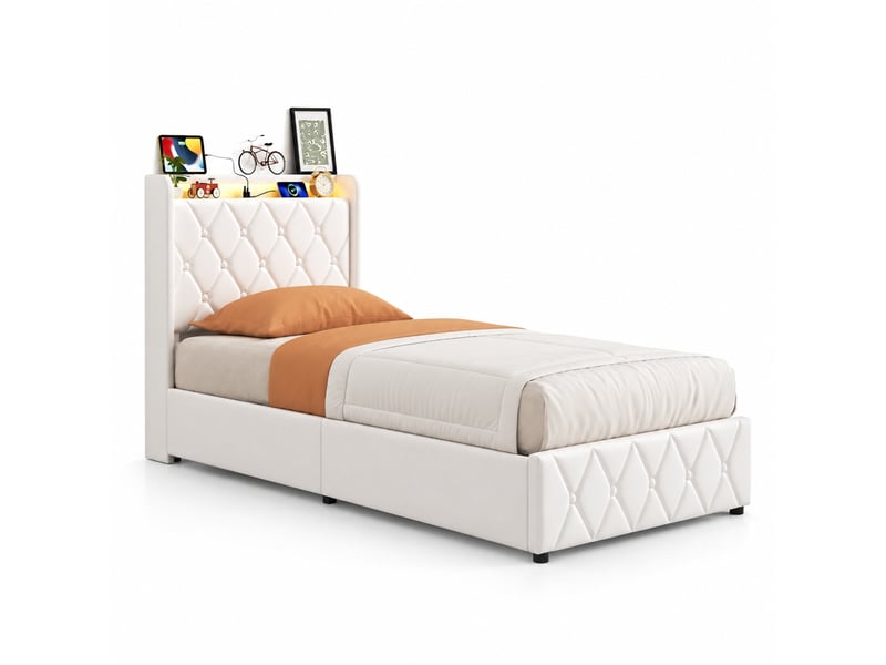 Lit coffre 90x200 cm avec led et usb, lit simple capitonné avec rangement hydraulique, lit 1 place avec sommier à lattes, lit adulte avec tête de lit rembourrée, velours blanc - Conforama A