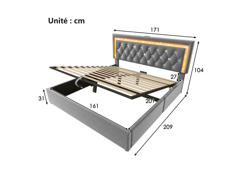  Lit coffre double 160x200 cm - lit avec led diamant, usb et rangement hydraulique, sommier à lattes, velours gris - sans matelas  - Conforama C