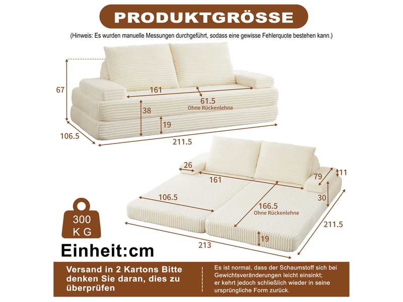 Canapé convertible 2 places en velours côtelé 211 cm, convertible sofa et lit, 2 dossiers triangulaires, 2 coussins, beige - Conforama C