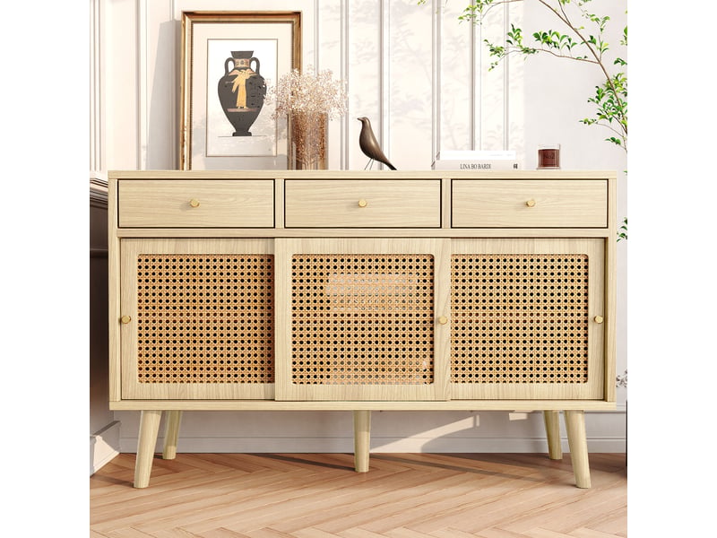 Buffet 120cm avec 3 tiroirs et portes coulissantes, pieds en bois massif, poignée dorée,couleur bois - Conforama C