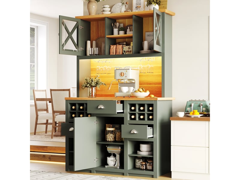  Armoire de cuisine haute 120cm buffet de cuisine vert avec portes en verre et éclairage led  - Conforama E