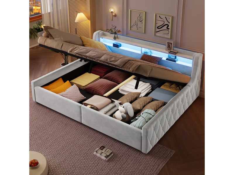  Lit coffre 140 × 200 cm, rangement hydraulique, tête avec led multicolore, sommier à lattes, velours blanc  - Conforama D