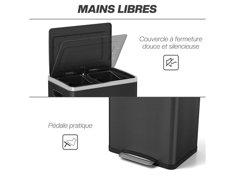  Poubelle de cuisine à pédale 2x20l en acier inoxydable noir 40x34,8x59 cm  - Conforama E
