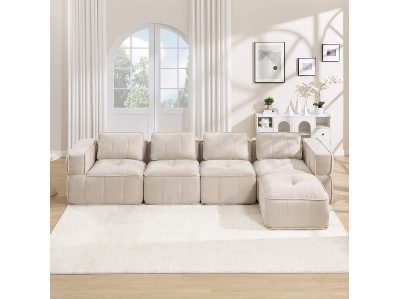  Canapé 4 places - 344x162x67cm - canapé d'angle modulaire en l avec pouf repose-pieds en mousse 32d sans cadre - beige  - Conforama B