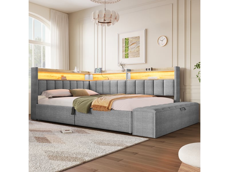  Lit coffre 140 x 200 cm avec rangement hydraulique, led et usb-atype-c, lit rembourré en velours gris avec banc coffre mobile et rangements  - Conforama C