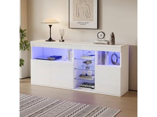 Buffet salon blanc laqué 155 cm avec éclairage led, meuble de rangement 3 portes et étagères en verre
